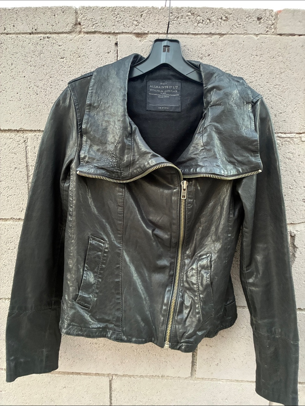 All Saints Black Leather Asymmetrical Zip Jacket